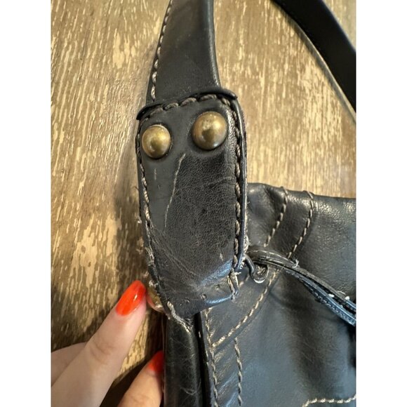 Vintage Fossil Boho Black Shoulder Bag Y2k Biker Hippie Pockets Key Tag Stitch - Picture 6 of 16